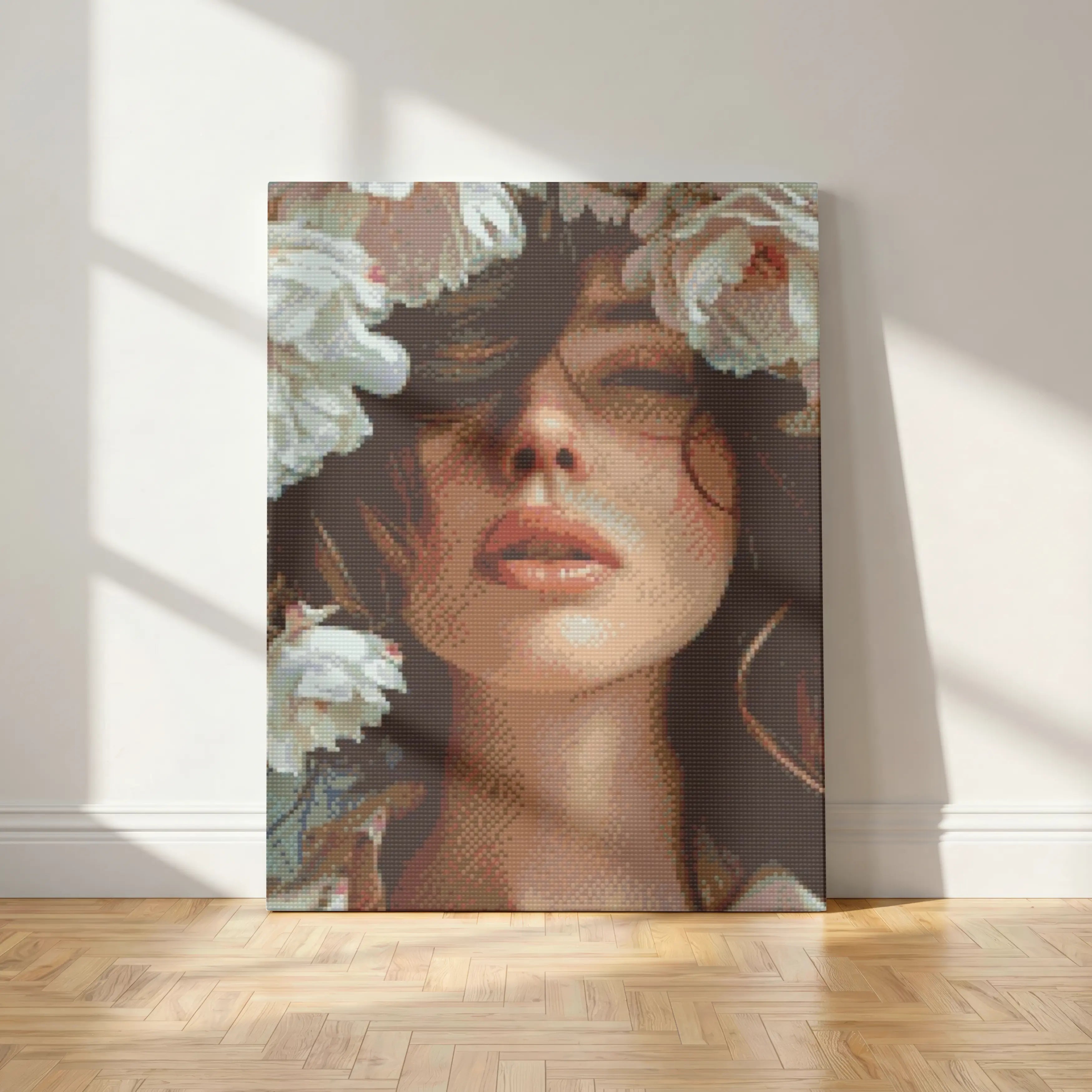 Flora Veil | Diamond Painting Kit in a room with wooden flooring and white walls. 