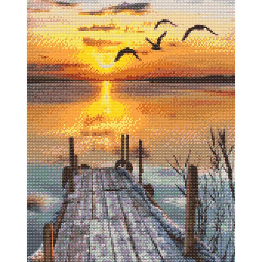 Full artwork of the snowy pier at sunset diamond painting, gulls over golden water