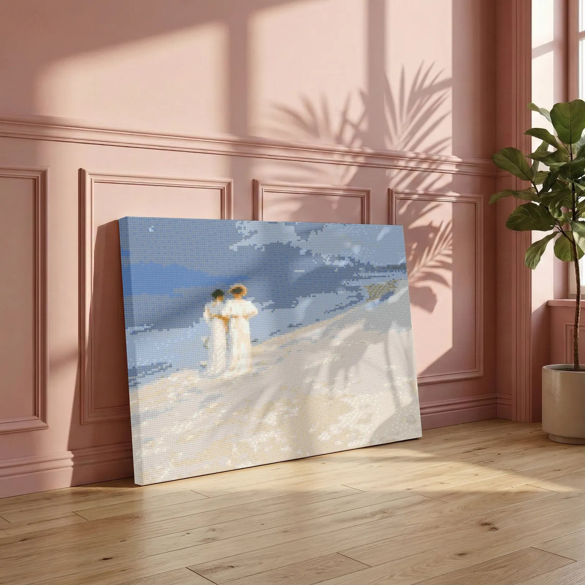 Summer Evening on Skagen diamond painting by Krøyer leaning against a pink panelled wall