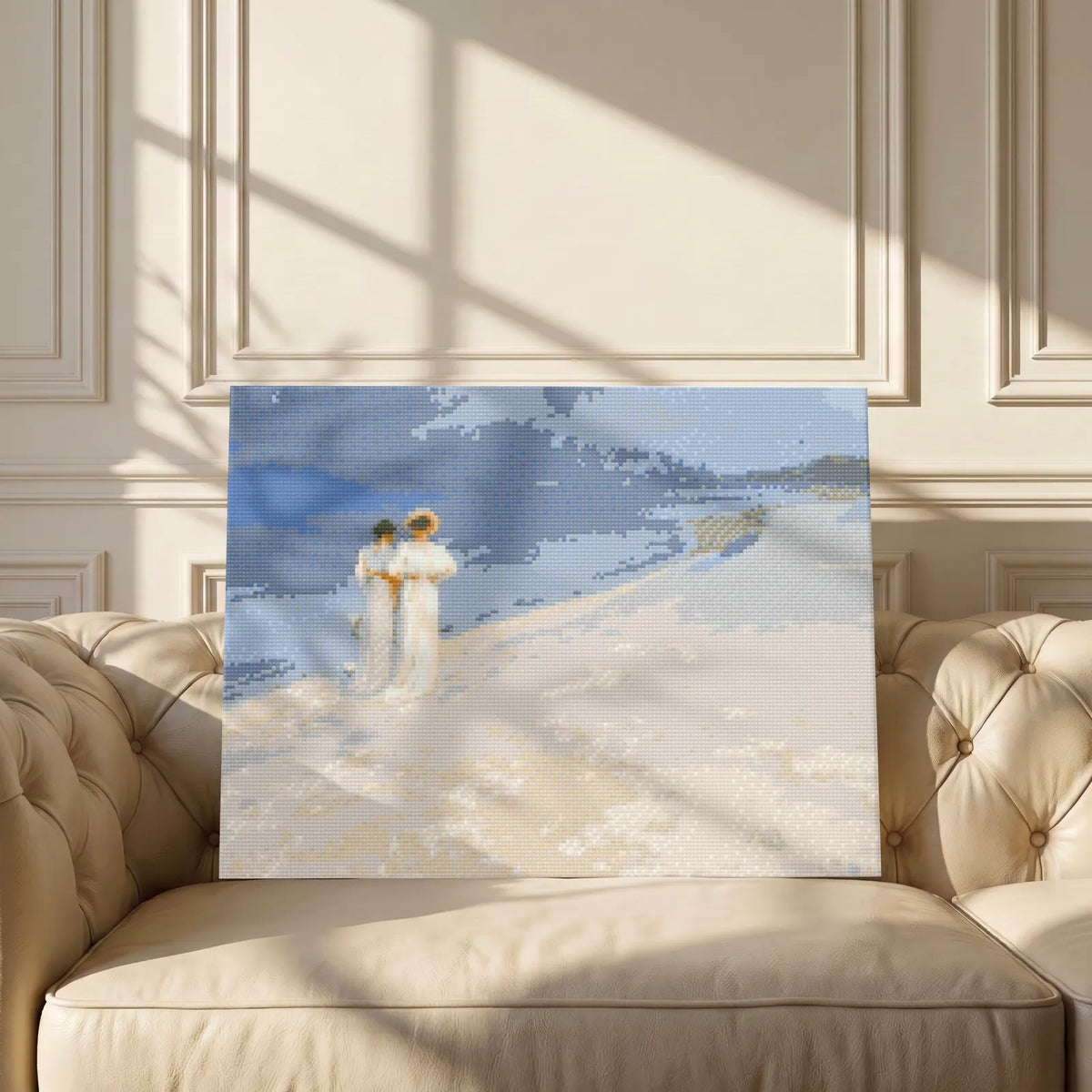 Summer Evening on Skagen by P.S. Krøyer diamond painting kit, finished 30 x 40 cm canvas on a cream sofa