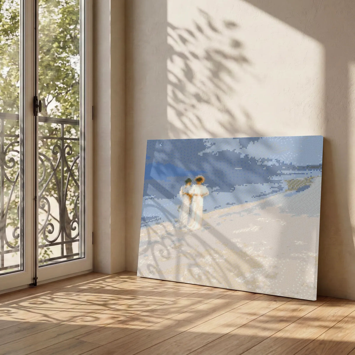 Krøyer Summer Evening on Skagen diamond painting in warm window light beside a balcony door